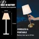 JHWDHD Cordless Touch Table Lamp for Bedroom, 5200mAh Rechargeable Battery Operated Nightstand Light with Fabric Shade, Stepless Dimming 2700K Desk Lamp for Bedside/Reading/Home Office, Antique Brass (Pleated)