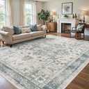 Rugxara 8x10 Washable Area Rug for Living Room, Extra Large Neutral Vintage Boho Rugs for Office, Kids Room, Farmhouse, Durable Low Pile Non Slip Carpet for High Traffic Areas, Light Blue Grey