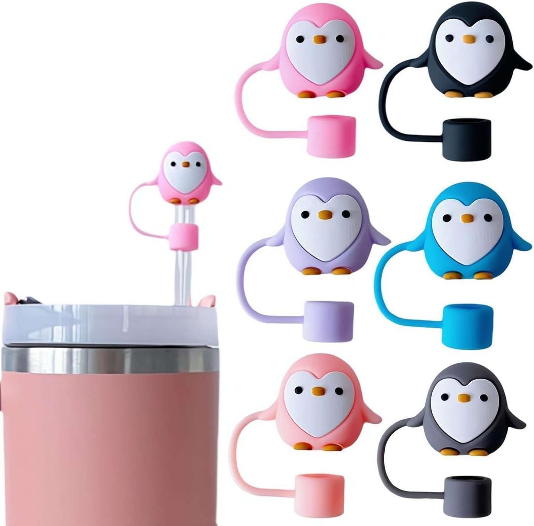 6Pcs Cute Penguin Straw Covers Cap Toppers for Cup 10mm, Silicone Cartoon Penguin Straw Tips Lids Protector BPA Free for 10mm Cup Accessories, Reusable Dust-Proof Cap