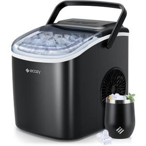 ecozy Ice Maker Countertop, 9 Cubes Ready in 6 Mins, 26 lbs per Day, Portable Ice Machine with Self-Cleaning, 2 Ice Sizes for Home, Kitchen, Camping, Office, RV, Cup Included, Black
