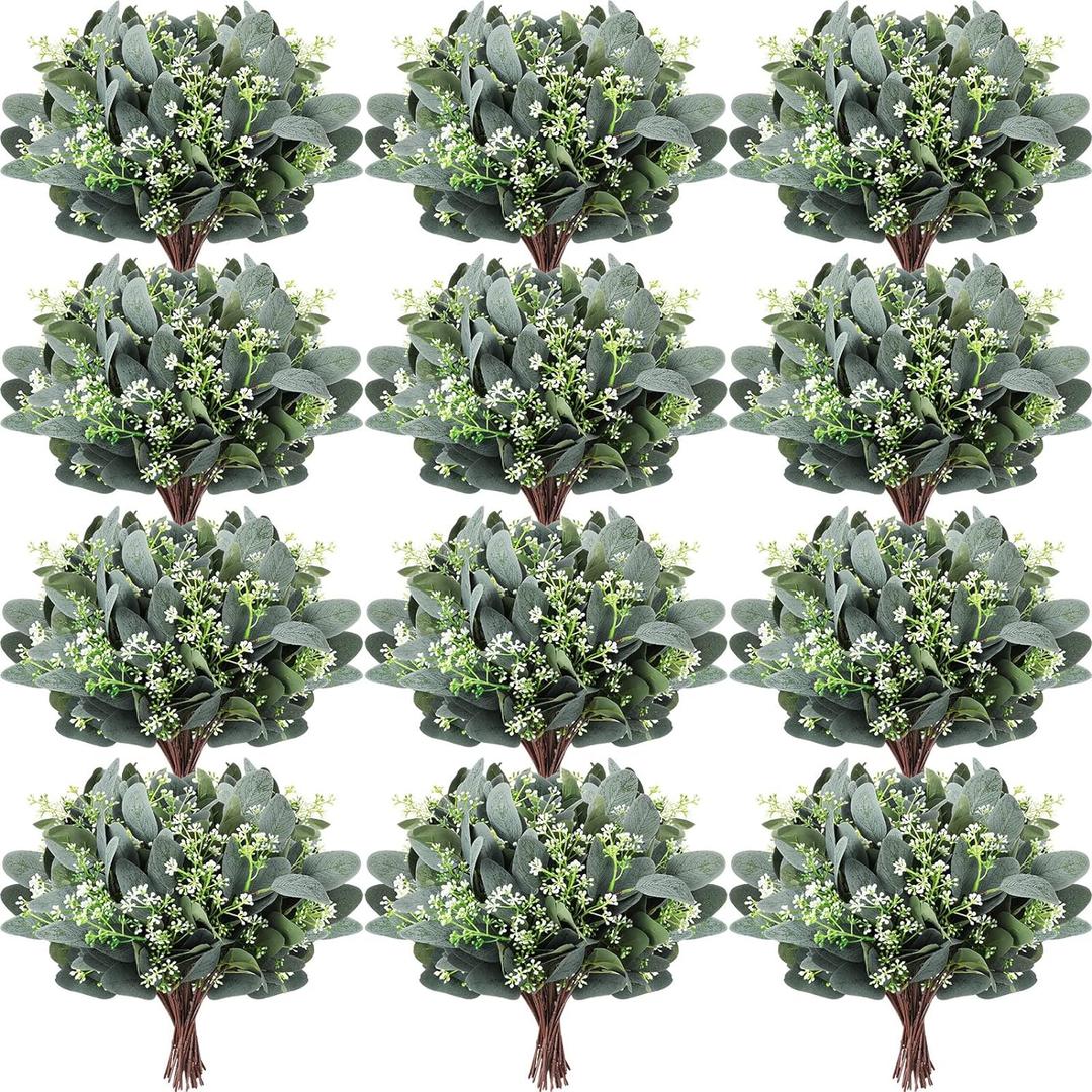 Janinka 60 Pcs Mixed Eucalyptus Leaves Stems Bulk Artificial Eucalyptus Leaves with White Seeds Artificial Silver Dollar Sprays Faux Oval for Floral Wreath Bouquets Wedding Greenery Decoration