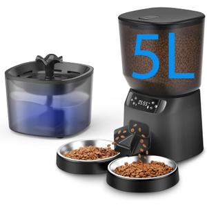 Automatic Cat Feeder and Water Dispenser Set, 5L/20 Cups Timed Cat Dry Food Dispenser, 2L Cats Water Fountain for Drinking with Filter, 10s Meal Call, 20 Portions 6 Meals Per Day (Black)