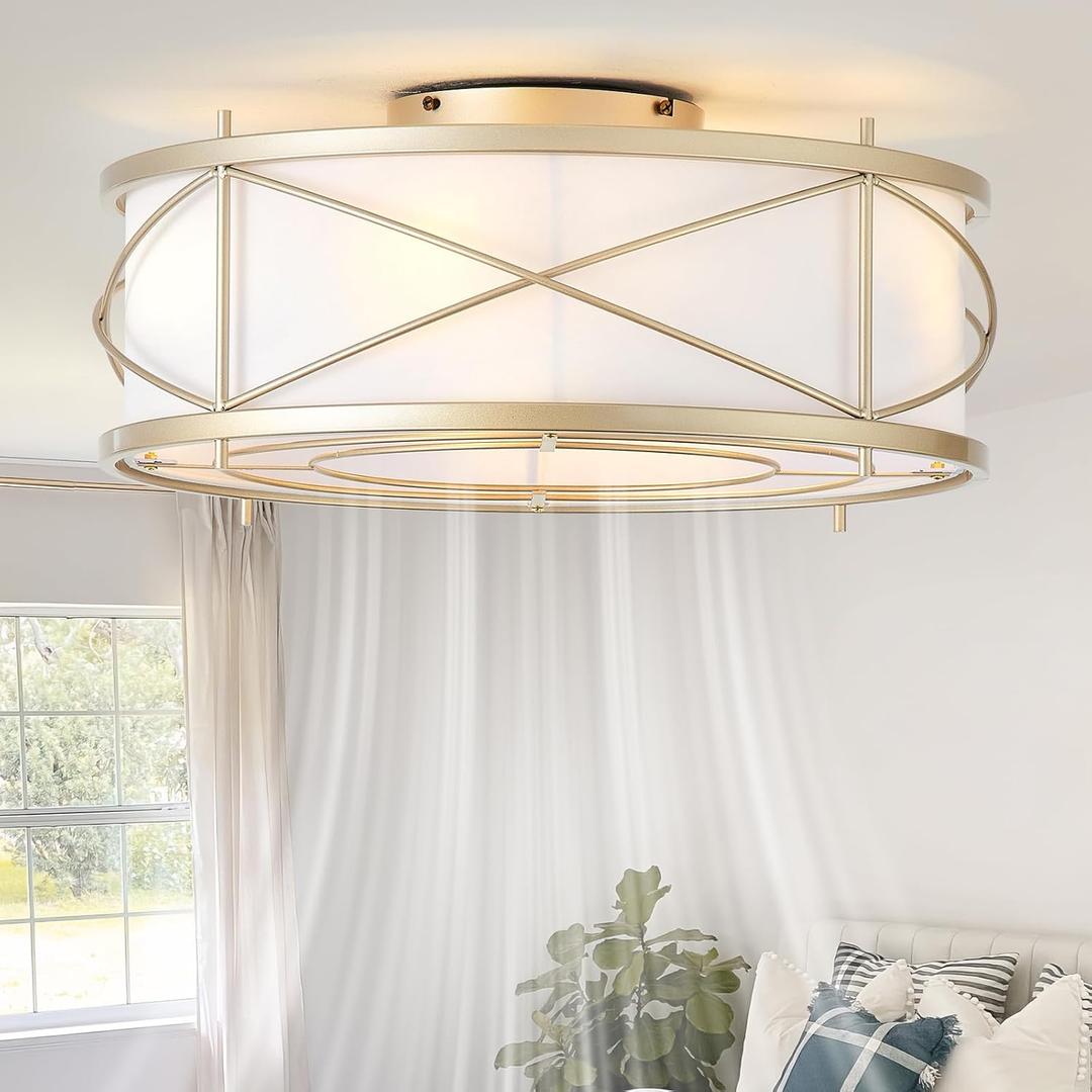 Gold Flush Mount Boho Ceiling Fan with Lights, 20" Caged Rattan Ceiling Fans with Light and Remote, Enclosed with 6 Speeds for Living Room, Bedroom, Nursery