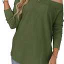 Tankaneo Womens Off The Shoulder Tops Casual Long Sleeve T Shirts Irregular Hem Split Tunics Loose Fall Blouse Shirt (Green, L)