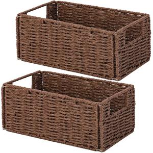 Wicker Storage Basket, Set of 2 Hand-Woven Paper Rope Wicker Basket, Small Storage Baskets for Organizing Toilet Paper Basket, Foldable Large Cube Storage Organizer Bins for Shelves (Brown)