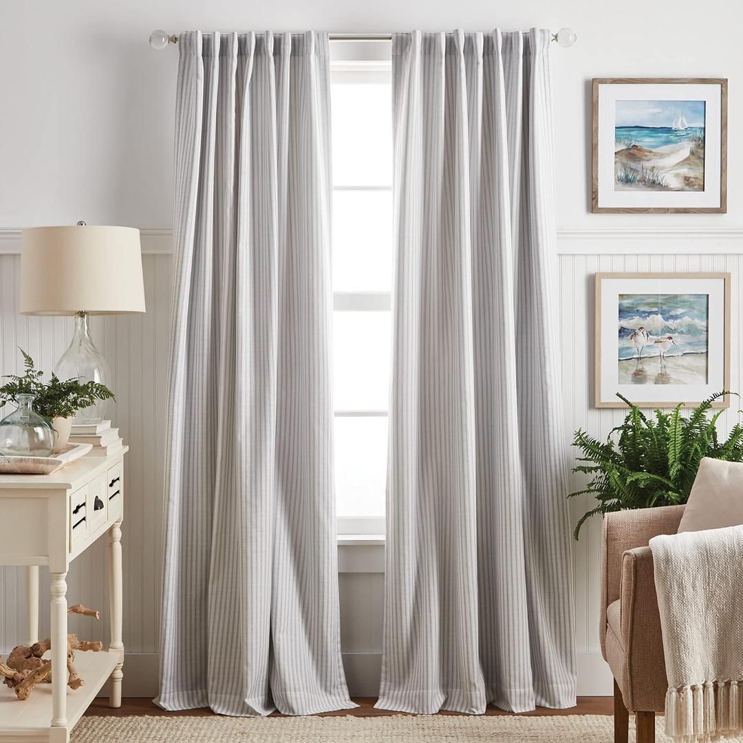 Martha Stewart Ticking Stripe Blackout Lining Rod Pocket/Back Tab Window Curtain Panel Pair, 95", White/Grey (50"W x 95"L (Pack of 2))