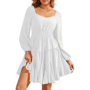 Florboom Women's Multi-Layered Hem Dress Square Neck Lantern Long Sleeve A-Line Smocked Waist Mini Dresses (White, S)
