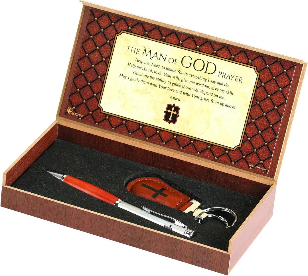 Man of God Prayer Natural Brown 7.5 x 4 Metal Pen and Key Chain Boxed Gift Set