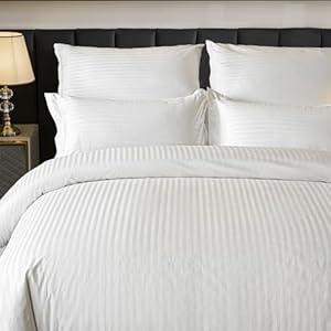 Amolavet Hotel Bedding Duvet Cover Queen Size Cotton White Satin Pin Striped Textured with Zipper - Duvet Cover Queen 3 Pcs Set 90x90 - Comforter Cover/ Quilt Cover Queen Size