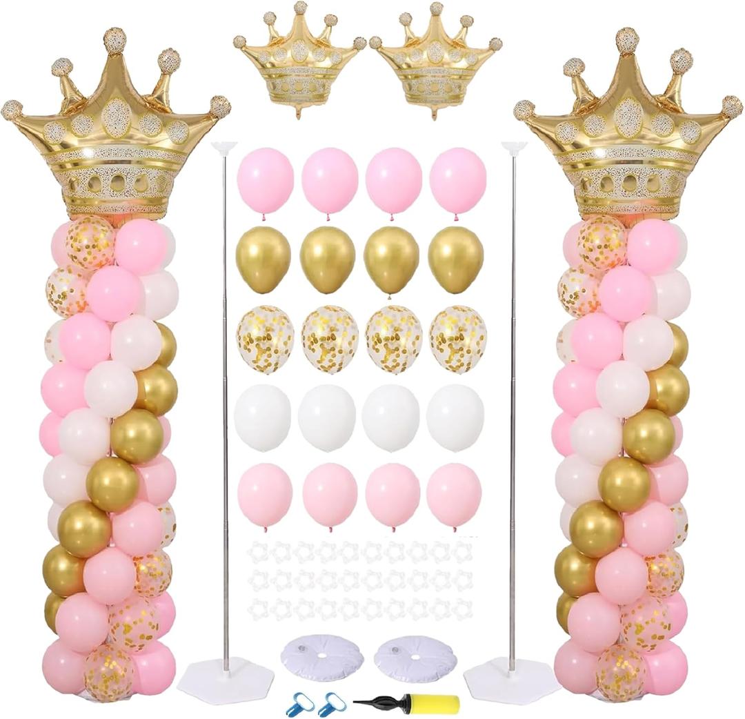Princess Party Balloon Column Stand Kit 2 Sets,2 Crown Foil Balloons 140 Latex Balloons with Adjustable Stands for Baby Shower Birthday Party Supplies