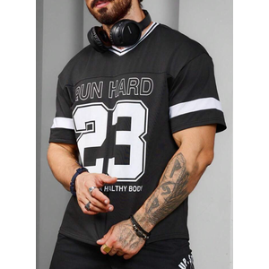 GORGLITTER Men's Letter Graphic T Shirts Oversized Short Sleeve Round Neck T Shirt Black Letter X-Large