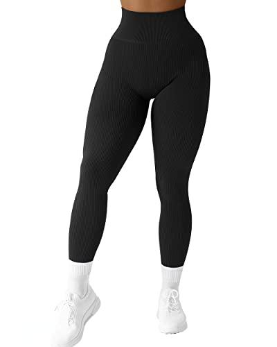 SUUKSESS Women Ribbed Seamless Leggings High Waisted Tummy Control Workout Yoga Pants (Black, L)