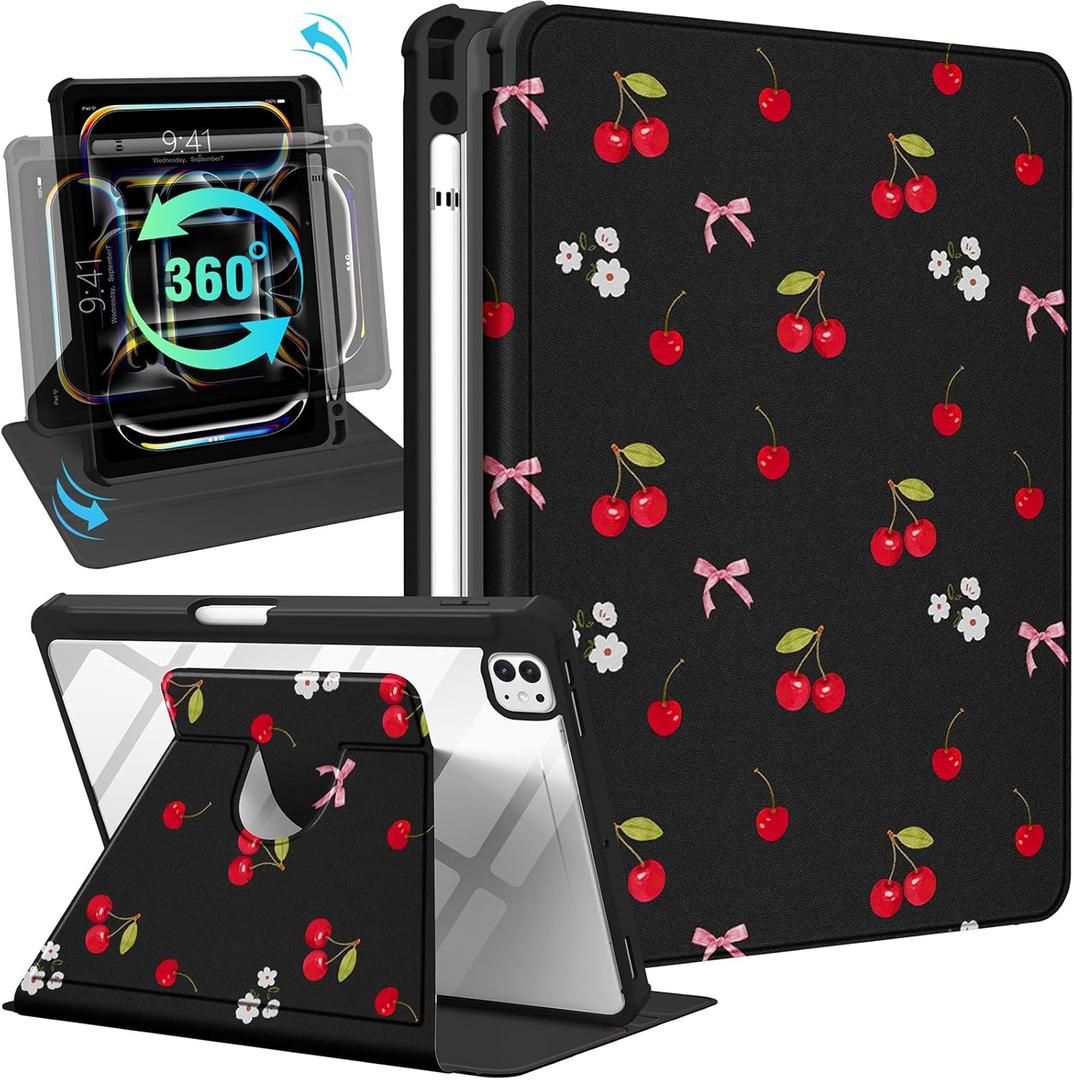 Uppuppy for iPad Pro M4/M5 Case 13 inch - 360 Degree Rotating Stand Folio Smart Cover with Pencil Holder for Women Girls, Cherry and Bow Flowers for iPad Pro 13 inch Case 2024 M4/2025 M5