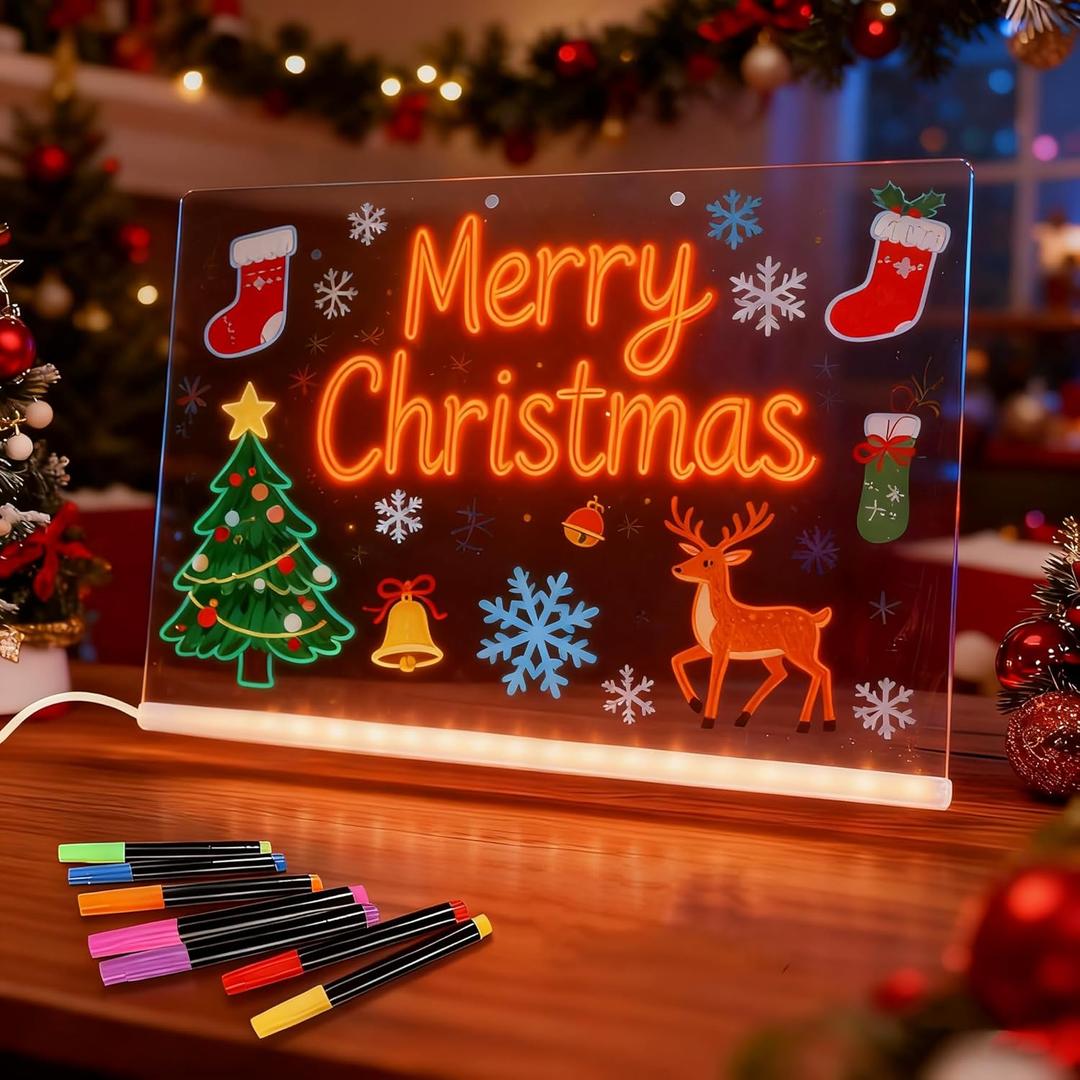 11.8"X7.9" LED Note Board with Colors, 7 Colors Acrylic Message Board with Light, LED Drawing Board Gifts for Kids, Dry Erase Board with Adjustable Stand for Office School Home Decor