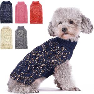 KYEESE Dog Sweater Winter Dog Clothes Pullover Warm Dogs Coat Turtleneck Knitwear Sweater with Golden Yarn for Small Dogs, Navy Blue, Small
