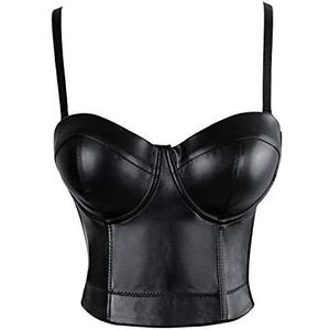 Charmian Women's Spaghetti Straps PU Leather Bustier Crop Top, Large