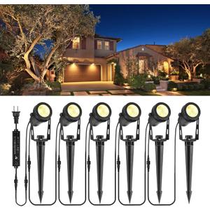 Low Voltage Landscape Lights 6 Pack, 69ft Cable Spotlight Outdoor with 12V Transformer, IP65 Waterproof Plug in Spot Lights 2700K Warm White for Yard, Plant, Lawn, Tree, Flags, Garden
