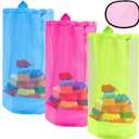 4pcs Mesh Drawstring Beach Toy Tote Bags Set, Include 3 Mesh Sand Pool Toy Backpack and 1 Sand Wipe-Off Mitt for Seaside Trip(Hot Pink, Blue, Fluorescent Green)Beach essentials