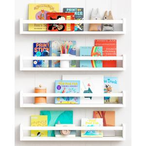 Forbena 24 Inch Wall Bookshelf for Kids Bedroom Set of 4, White Floating Nursery Book Shelves for Baby Toddler Children Girls Boys Room Decor, Large Wood Wall Mount Bookshelves and Toy Storage (23.6 Inch)