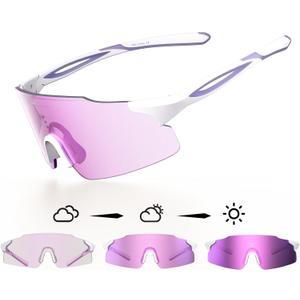 Photochromic Running Glasses for Women-UV 400 Protection, Anti-Fog,Durable for Cycling& Jopping Outdoor Sports (White Purple Frame-purple Photochromic Lens)