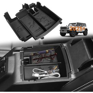 TripleAliners Center Console Organizer Compatible with 2025 2026 Ford Bronco(Not for 2-Door& Manual &Bronco Sport) Accessories Console Storage Box Armrest Tray | Two Layers with Leather Trim (Black)