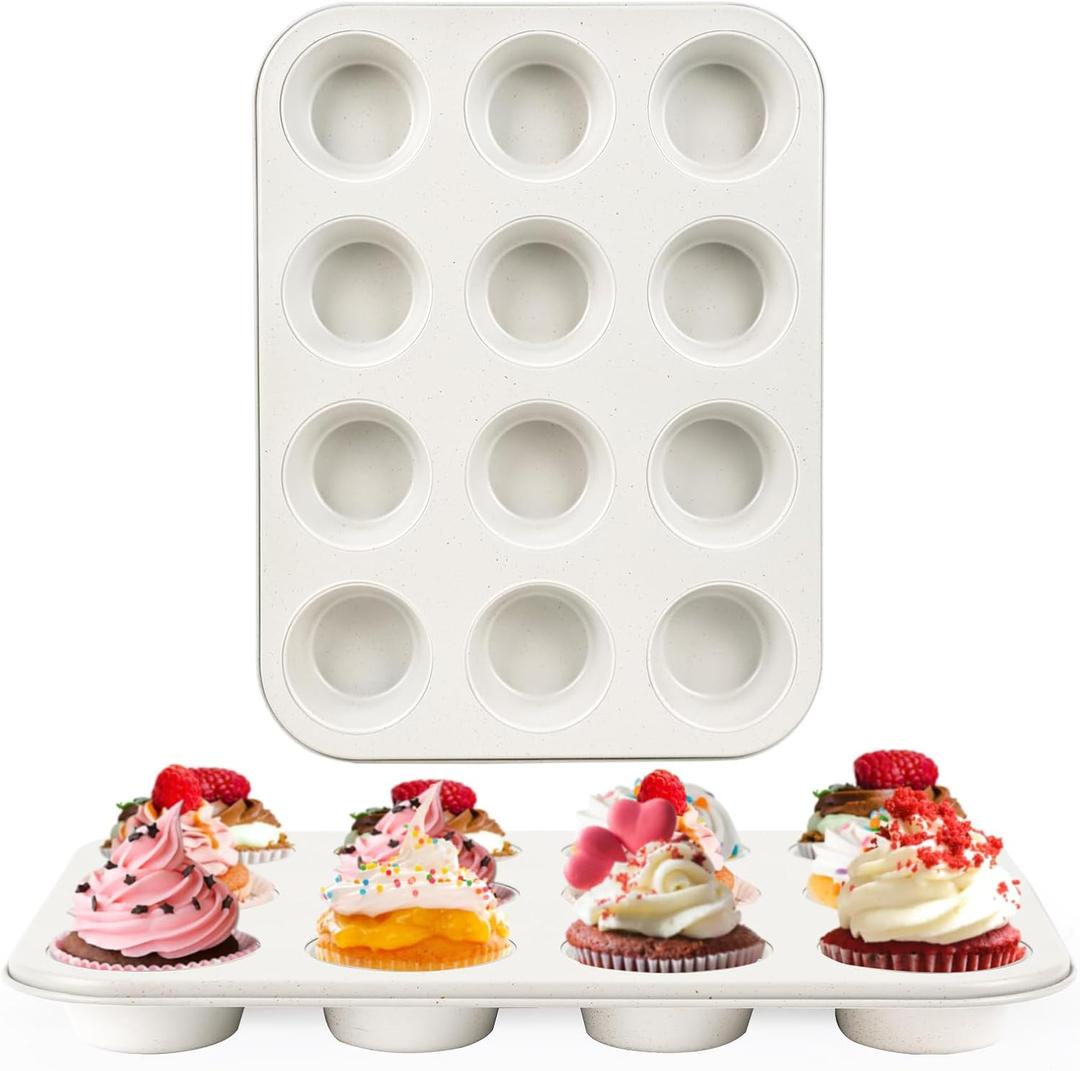 Spmarkt 2-Pack Healthy Baking Cupcake Pan| Non Stick 12-Cup Muffin Pan | Durable & Easy Clean Muffin Tin | Perfect for Cupcakes, Muffins (Beige)