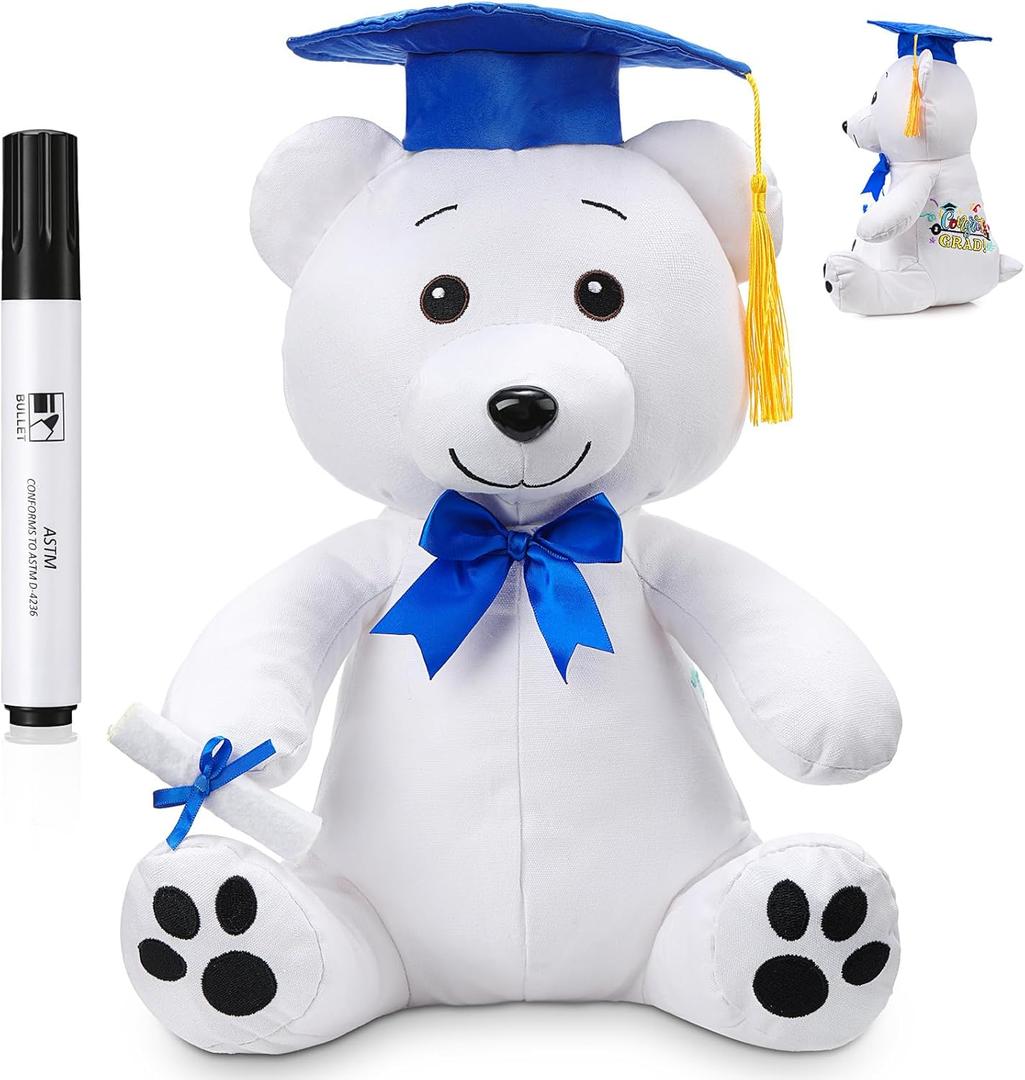 Zomiboo Graduation Bear Autograph Stuffed Animal 2026 Smooth Fabric Stuffed Bear Toy with Congrats 12 Inches Grad Plush Autograph with Marking Pen Gold Tassels for Graduate Student Party(Blue)