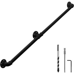 HouseAid 5FT Industrial Pipe Wall Handrail, Farmhouse Stairway Railing with 1-1/4 Inch Diameter Pipe, Vintage Style Stairs Handrail, Wall Mounted, Matte Black