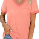Geifa Womens T Shirts Short Sleeve V Neck Loose Casual Summer Tops with Pocket (X-Large, Coral)