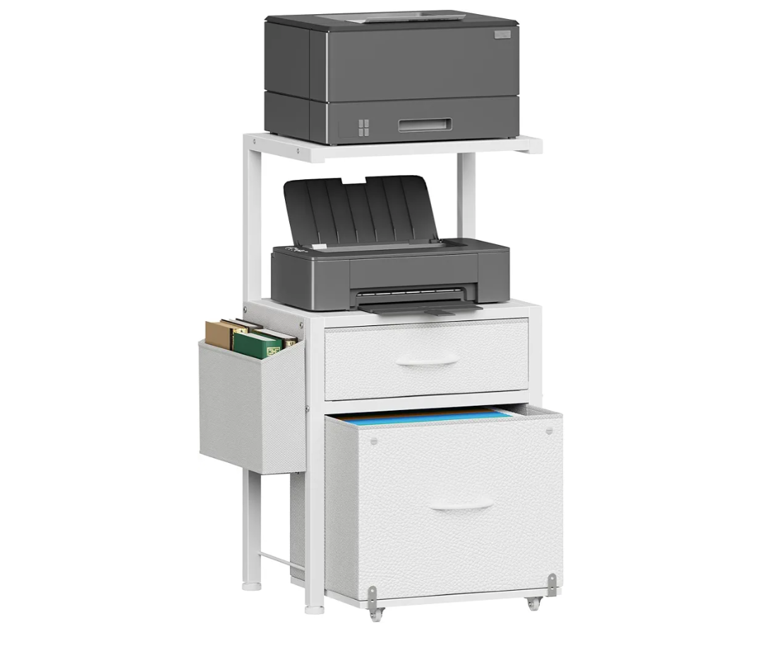 2-Drawer File Cabinet, Filing Cabinet with 2-Tier Printer Shelves, Office Cabinets with Side Bag&File Drawer for A4/Letter Size, Printer Stand with Storage for Home Office, White, 16.5" W