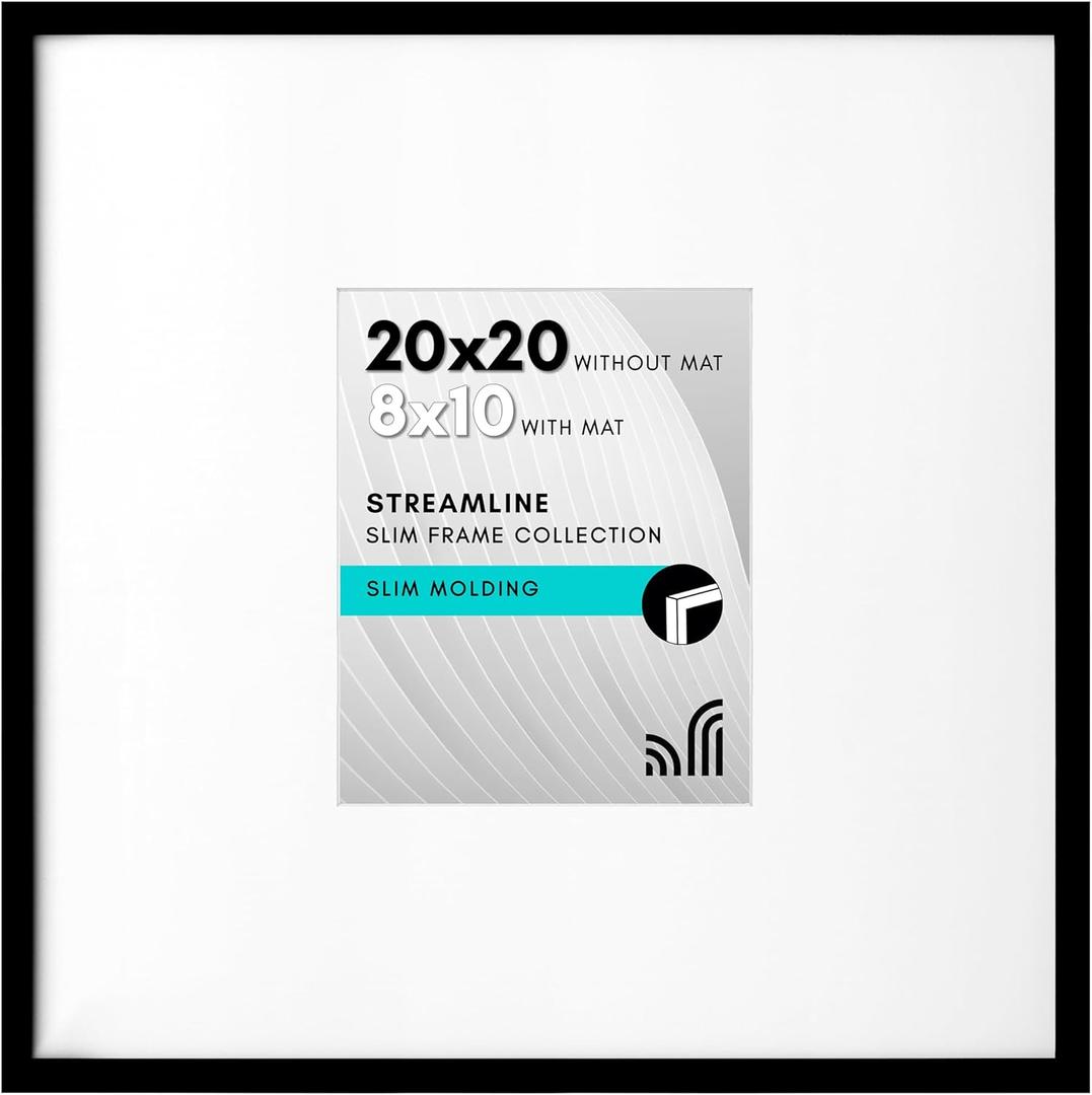 Americanflat 20x20 Picture Frame with Polished Plexiglass - Use as 8x10 Frame with Mat or Display 20x20 Photo Without Mat - Streamline Collection - Thin Border Square Frames for Wall Display - Black