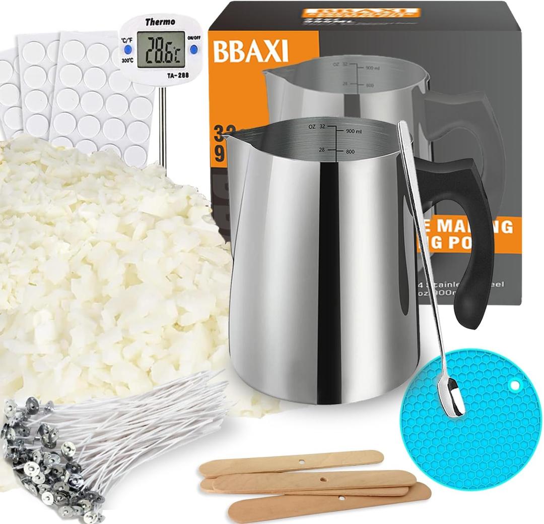 BBAXI Candle Making kit Supplies，Nature Soy Wax DIY Craft Tools with 32oz Candle Making Pouring Pot, 16oz Soy Wax, Wooden Wick Holders, Candle Wicks, Stickers, Thermometer and Spoon for Beginners Adults