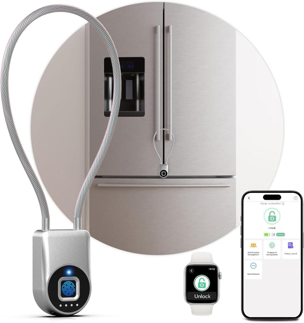 Fingerprint Cable Lock, Fridge Lock with Fingerprint Bluetooth APP Control, Smart Biometric Waterproof Child-Proof Refrigerator Locks for Kids & Adults Fridge French Door Cabinet Gate (Silver)