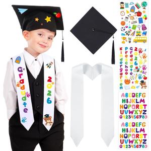6 Pcs 2026 Preschool Kindergarten Graduation Cap Stole Iron on Letter Set Unisex Cap and Graduation Sash Sublimation Blank Stole Graduation Gifts for Kids Iron on Letters for DIY Craft