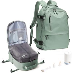 SEAFEW Large Travel Vacuum Backpack with Electric Air Pump, Carry on Backpack Flight Approved Item Bag,Casual Daypacks Cabin Bagage,Hiking Business Laptop Backpack with USB Charger, Green