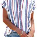 SySea Women's Short Sleeve Striped Shirts Casual Button Down V Neck Work Blouses Tops (Medium, Bluish Grey)