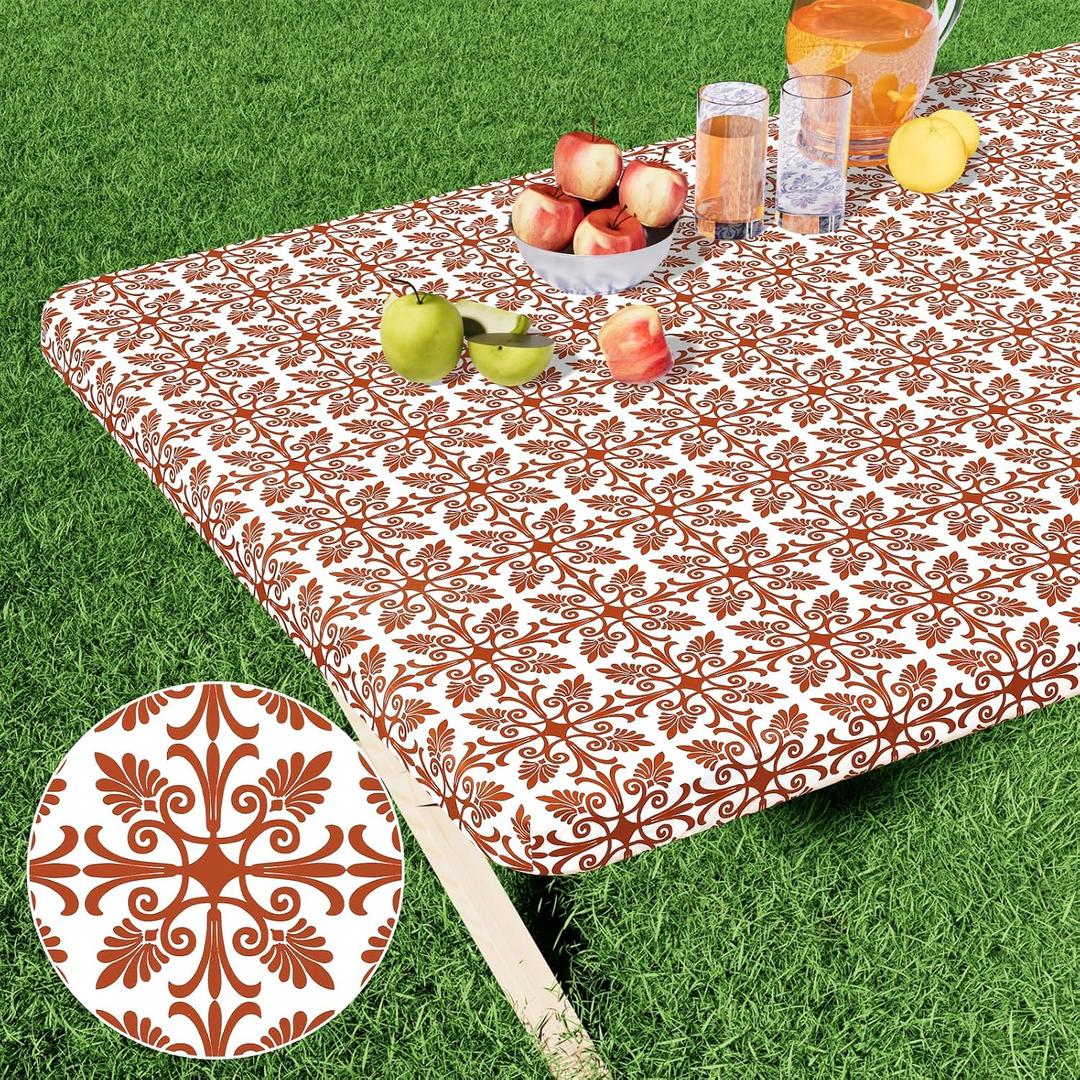 misaya Rectangle Vinyl Table Cloth, Elastic Fitted Flannel Backed Tablecloth, 100% Waterproof Plastic Table Cover Fits 6 Foot Folding Tables for Picnic, Camping, Outdoor (Rusty, 30" x 72")