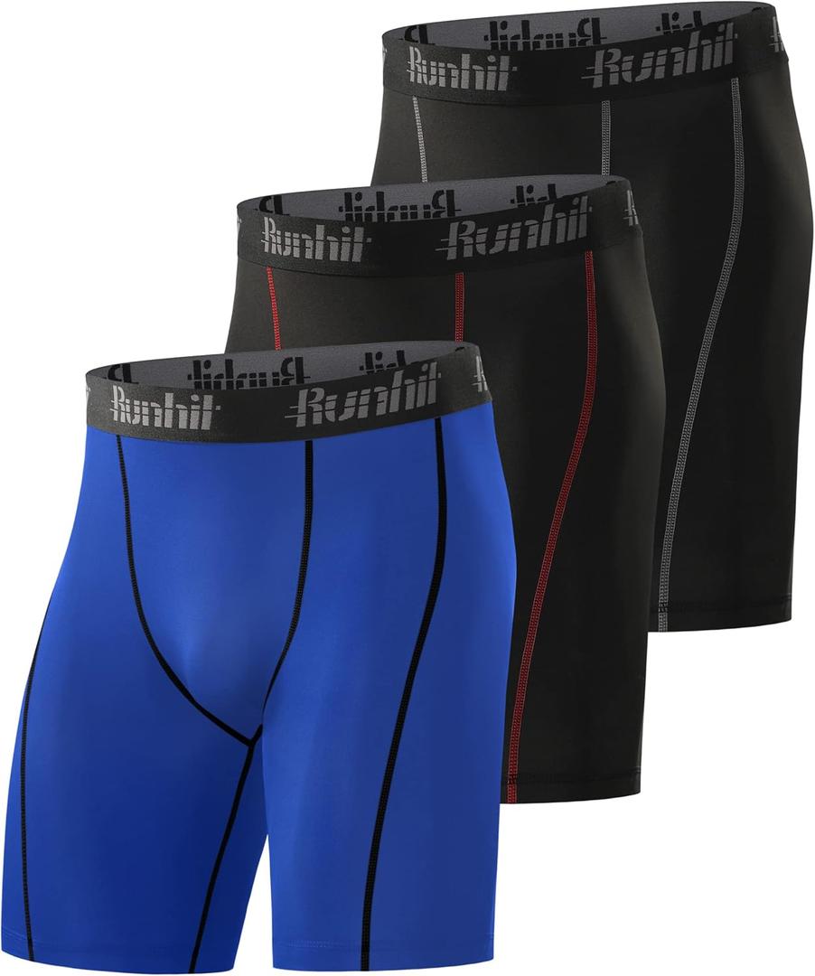 Runhit Compression Shorts Men Underwear Spandex Running Shorts Workout Athletic (Medium, 3 Pack:black Grey,Black Red,blue)