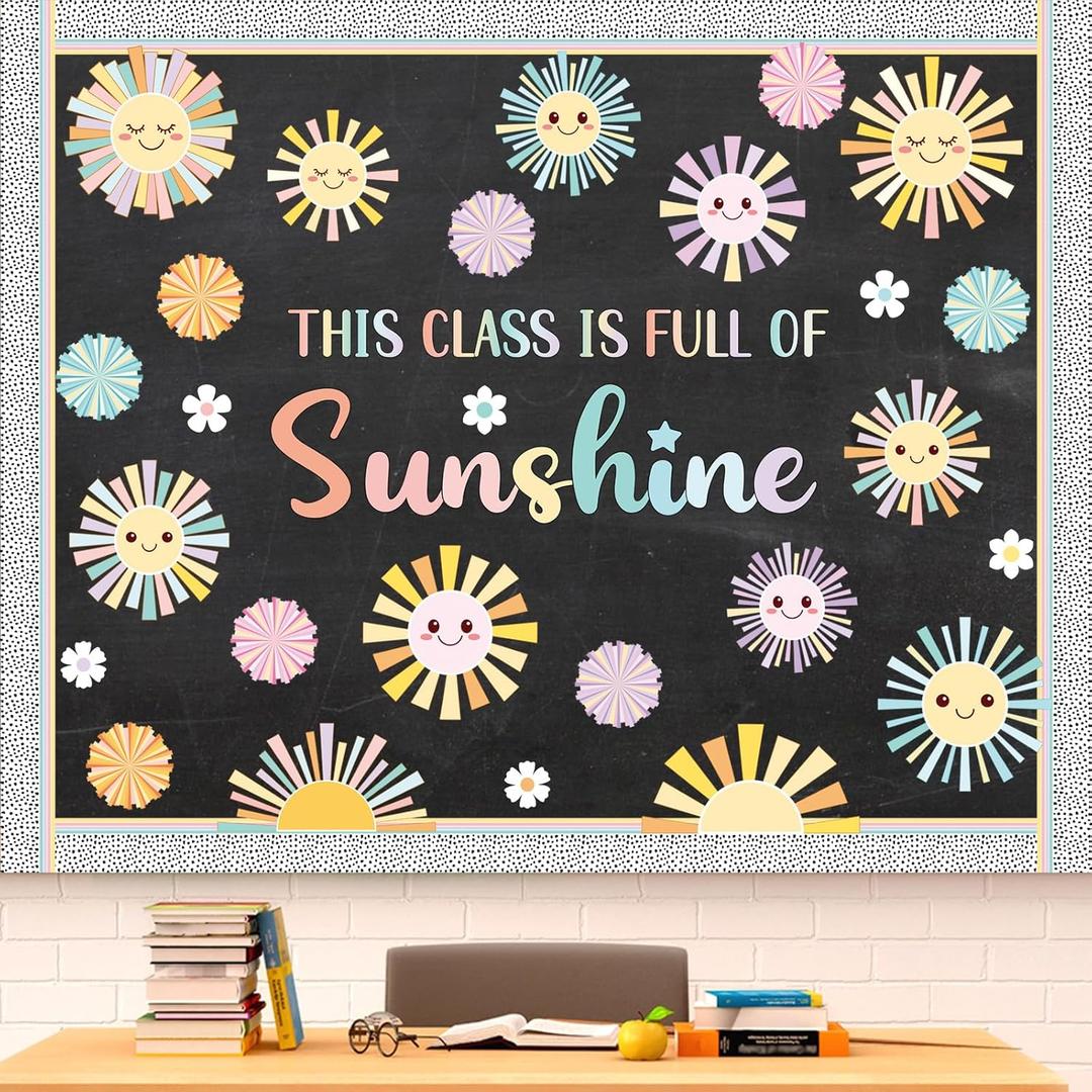 66 Pcs Summer Sunshine Bulletin Board Set Pastel Sun Paper Cutouts with 120 Glue Points Colorful Cute Sun Cut Outs Border for School Classroom Home Party Decor Supplies