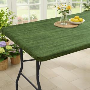 Smiry Rectangle Table Cloth Cover, Waterproof Elastic Fitted Picnic Tablecloth for 8 Foot Tables, Wipeable Flannel Backed Vinyl Tablecloths for Camping, Dining, Outdoor (Green & Black, 30" x 96")