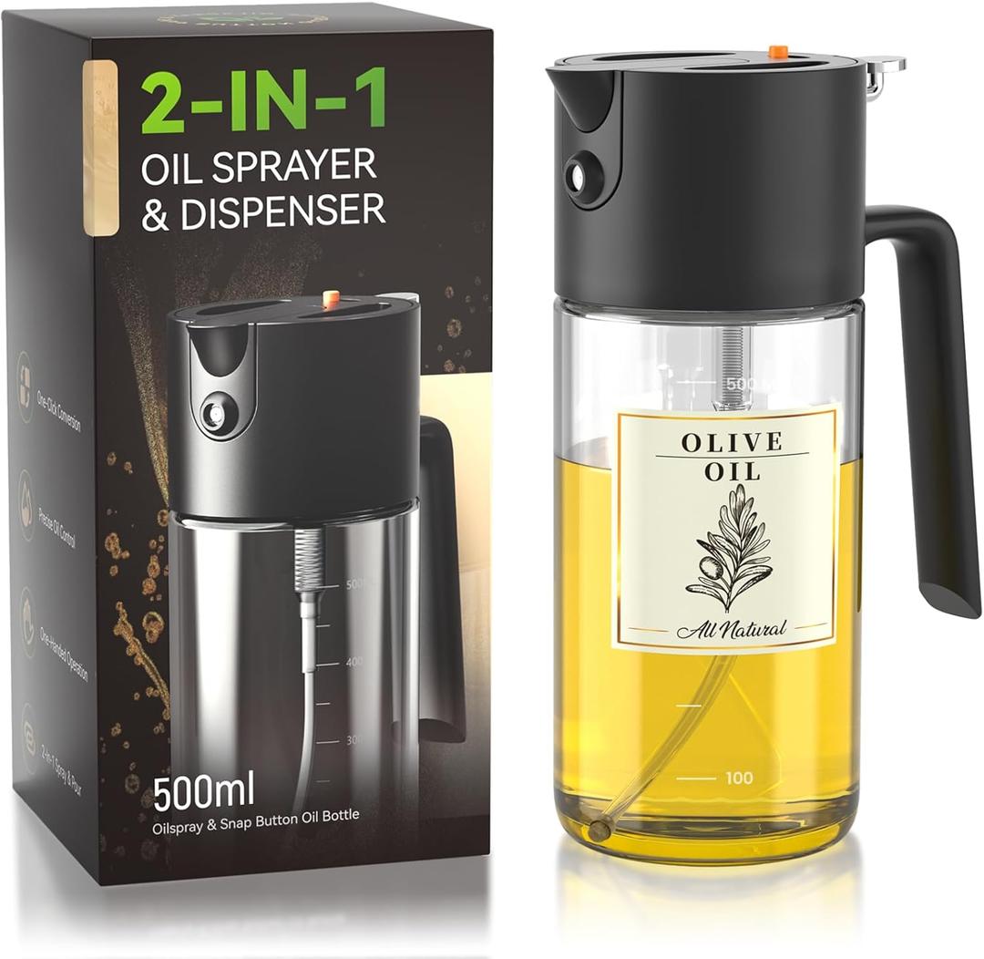 Oil Sprayer for Cooking, 2025 Large Advanced Olive Oil Dispenser Bottle,500ml/17oz Glass Olive Oil Sprayer,2 in 1 Even Spray with Portion Control for Kitchen, Air Fryer, Salad, BBQ - Black