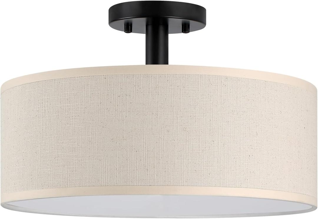 3 Light 12 Inch Semi Flush Mount Close to Ceiling Light Fixture,Off White Fabric Shade Black Finish for Bedroom,Living Room,Dining Room Hallway