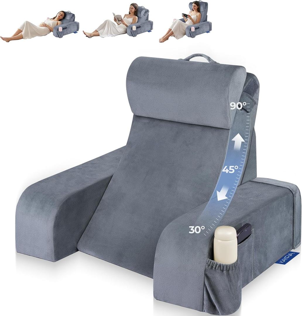 Reading Pillow with 30-90 Stepless Adjustable Angle & Height, 2 in 1 Back Wedge Pillow for Bed Sitting up with Detachable Arms Rest, Backrest Pillow for Reading/Gaming/Working in Bed or Couch, Medium