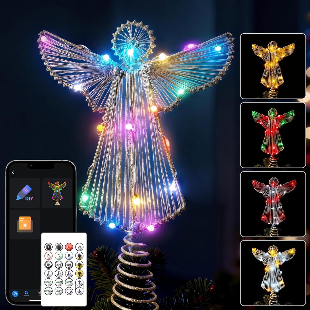 Christmas Tree Topper Angel, Gold RGB Color Change Lighted Angel Tree Topper, App Remote Control DIY Scene Mode Timer Dimmable, USB Xmas Topper for Christmas Tree Holiday Indoor Home Decoration