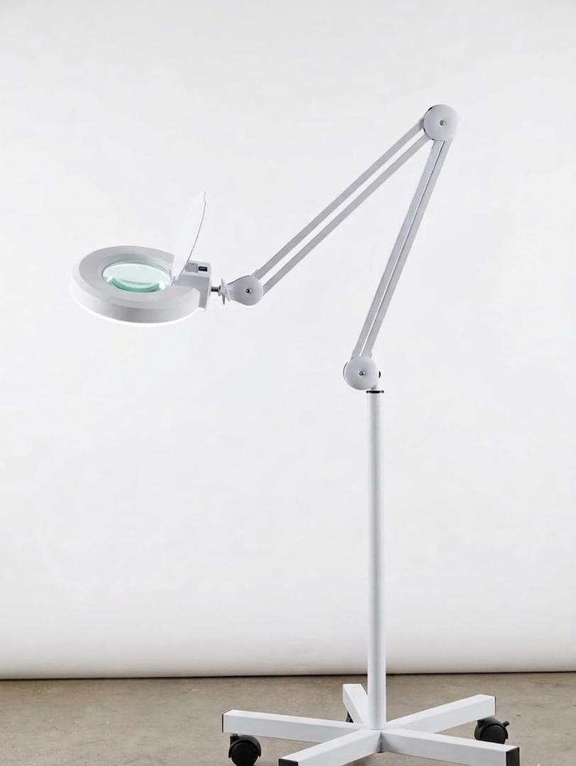 71" (180cm) LED Magnifying Lamp with Stand and Wheels - 10X Glass Lens 24W Cold Light 6000K - Adjustable Arm Rolling Tripod Floor Magnifier for Esthetician, Reading, Crafts, Salon, Inspection, Work