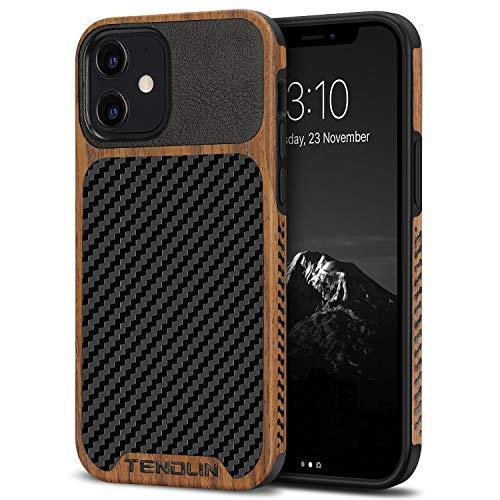 TENDLIN Compatible with iPhone 12 / iPhone 12 Pro Case Wood Grain with Carbon Fiber Texture Design Leather Hybrid Case Black