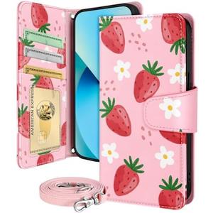 Buleens for iPhone 13 ProMax Wallet Case for Women - with Card Holder for iPhone 13 ProMax Flip Case Leather Crossbody Cute Aesthetic i Phone 13ProMax Case with Strap for Girls, WH Flower Strawberry, Pack 2