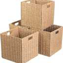 Foldable Square Baskets Set of 4, Paper Woven Storage Cube Bins with Handles for Shelves Cubby Organizing (Natural, 13'' x 13'' x 13'')