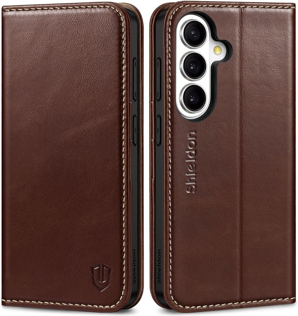 SHIELDON Case for Galaxy S26 Plus 2026, Genuine Leather Wallet Case, RFID Blocking Credit Card Holder Kickstand Magnetic Folio Protective Cover Compatible with Galaxy S26+ 6.7" - Retro Coffee