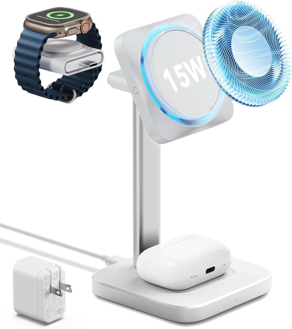 ESR for MagSafe Charger Stand, 3 in 1 Charging Station with CryoBoost, Phone-Cooling Wireless Charging, 15W MagSafe Stand, for iPhone 17e/17/16/15/14/13/12, AirPods, Apple Watch, White